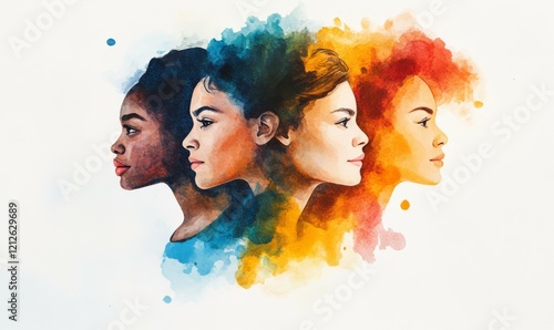 Watercolor brushstroke illustration of group of 3 women standing side by side, showcasing diversity and unity. International Women's Day. Banner for March 8. Women's rights movement photo