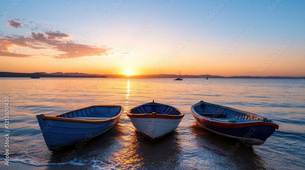 Fototapeta premium Serene Sunset Over Boats at Tranquil Beach