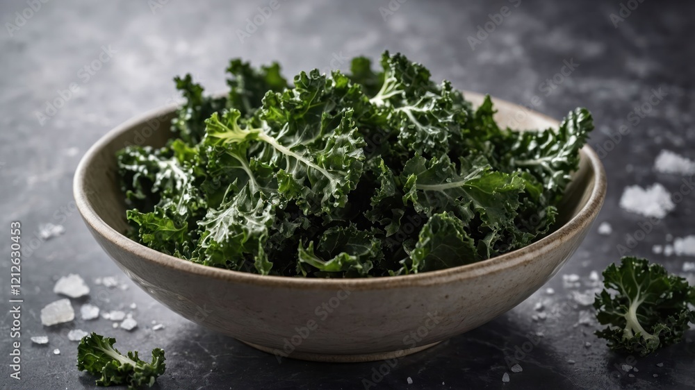 A bowl of fresh kale leaves on a dark surface, highlighting healthy eating. A bowl of fresh kale leaves on a dark surface, highlighting healthy eating.