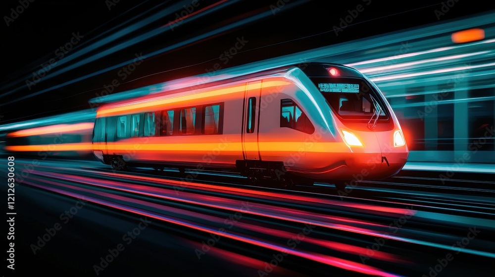 Economic Development Infrastructure Investment concept. High Speed Train Gliding Through Futuristic Blurred Lights Economic Development Infrastructure Investment concept. High Speed Train Gliding Through Futuristic Blurred Lights
