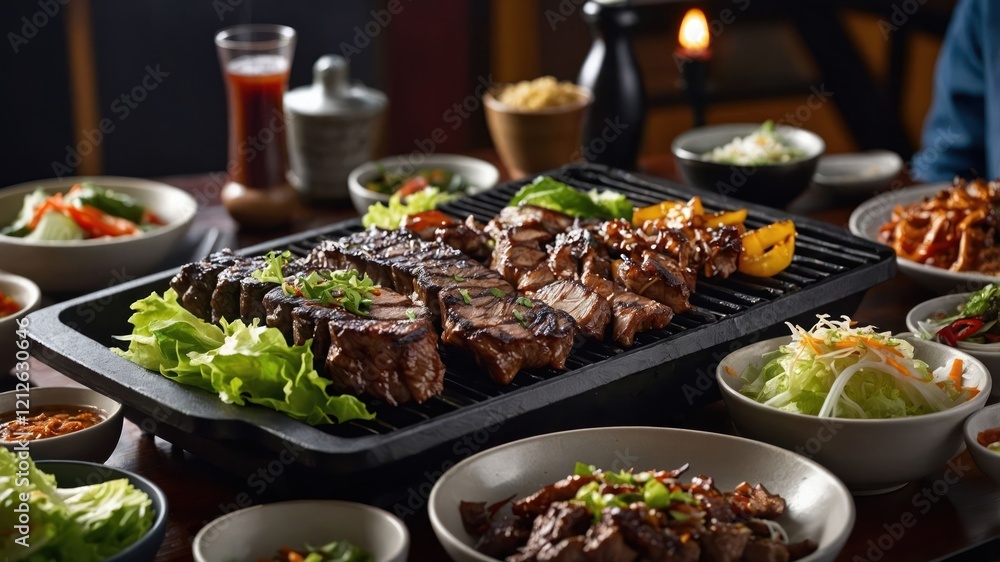 A vibrant spread of grilled meats and fresh vegetables on a dining table. A vibrant spread of grilled meats and fresh vegetables on a dining table.