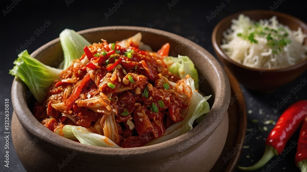 A bowl of spicy shredded chicken with vegetables, served with a side of shredded cabbage. A bowl of spicy shredded chicken with vegetables, served with a side of shredded cabbage.
