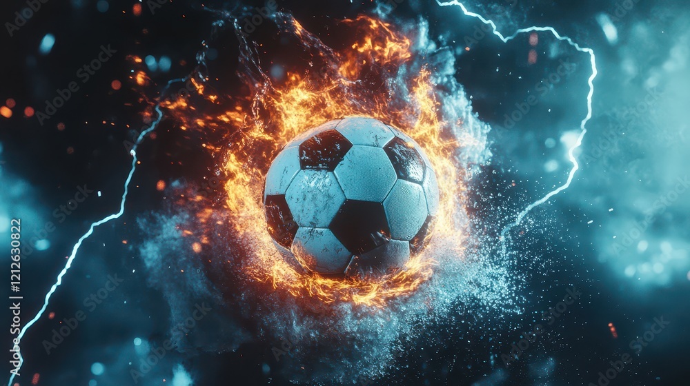 Naklejka premium Dynamic and Energetic Soccer Ball Surrounded by Fiery Flames and Electric Sparks Creating a Thrilling Sports Visual in Action