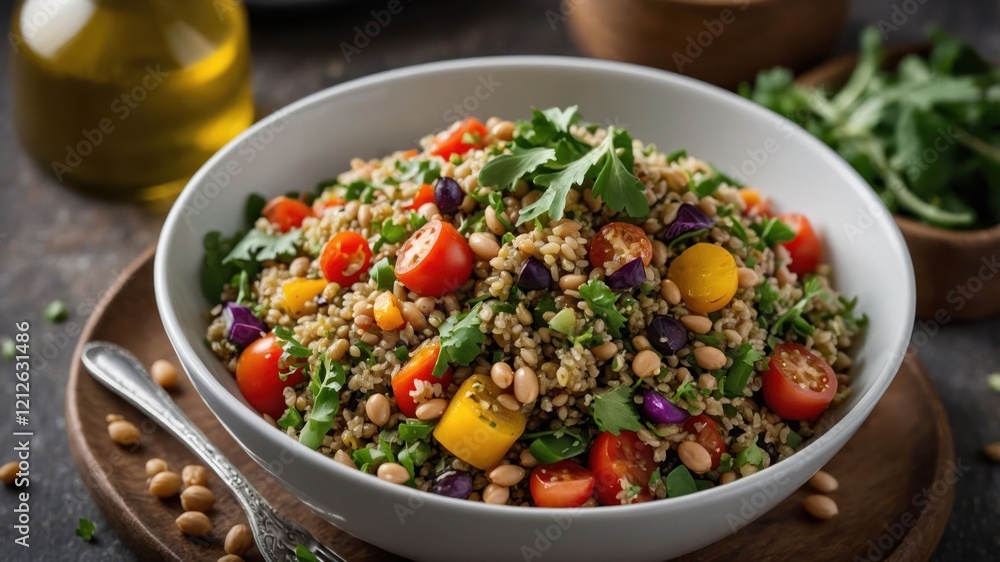 A vibrant salad featuring quinoa, cherry tomatoes, herbs, and nuts in a decorative bowl. A vibrant salad featuring quinoa, cherry tomatoes, herbs, and nuts in a decorative bowl.