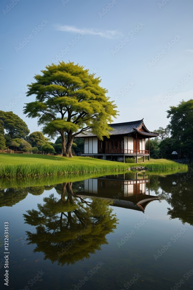 there is a small house sitting on a grassy hill next to a pond there is a small house sitting on a grassy hill next to a pond