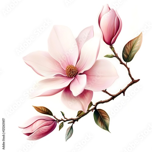 there is a painting of a pink flower on a branch