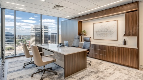 Modern Executive Office With City View And Wood Accents