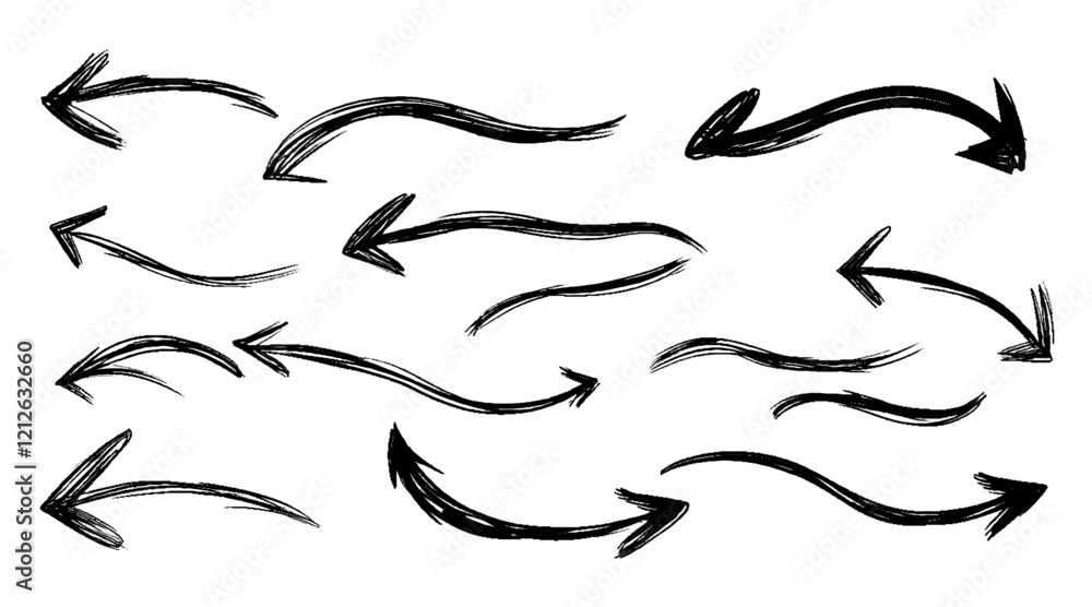 Vector hand drawn different arrow set design with curved arrows in various directions. Vector hand drawn different arrow set design with curved arrows in various directions.