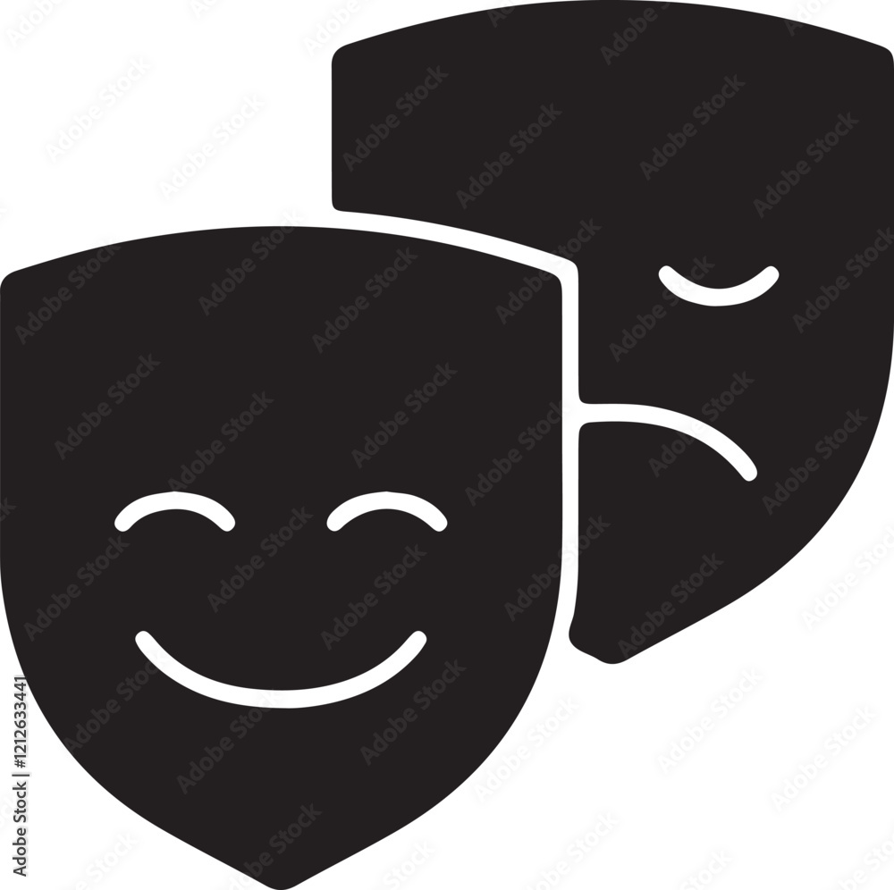 The illustration of an icon with a two-faced mask, showing a sad face on the inside and a happy face on the outside, in silhouette The illustration of an icon with a two-faced mask, showing a sad face on the inside and a happy face on the outside, in silhouette