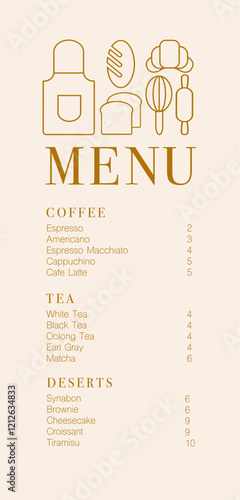 Cafe design menu. Coffee drinks menu price list for cafe, coffee shop vector template. Coffee linear print. Pattern with coffee theme in geometric minimalistic style. 