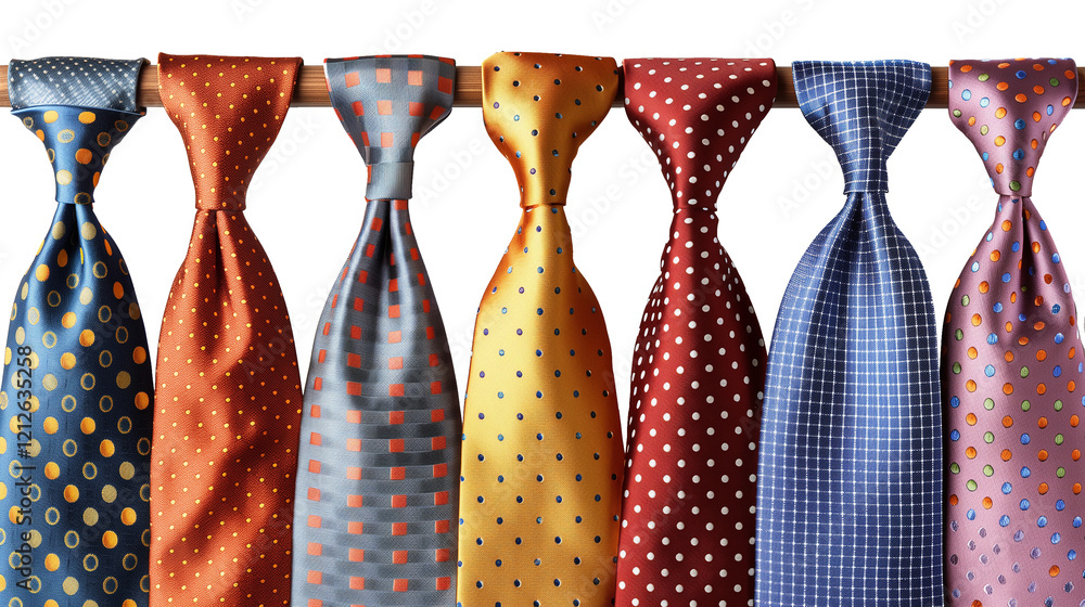 Stylish Ties in Vibrant Patterns Hang on Wooden Rod Stylish Ties in Vibrant Patterns Hang on Wooden Rod