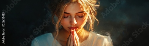 A young woman praying with closed eyes in a dimly lit scene. Perfect for religious, spiritual, and contemplative visuals.