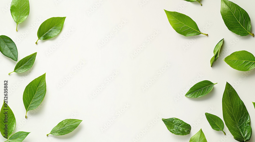 Fresh green leaves arranged on clean white canvas create serene and eco friendly atmosphere Fresh green leaves arranged on clean white canvas create serene and eco friendly atmosphere