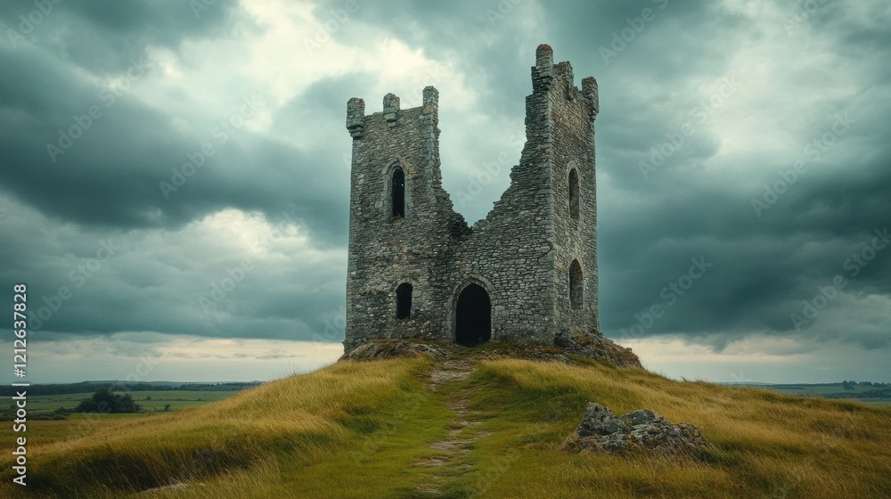 Majestic gothic stone keep on windswept hill cloudy sky landscape photography dramatic environment low angle view for enhanced depth Majestic gothic stone keep on windswept hill cloudy sky landscape photography dramatic environment low angle view for enhanced depth