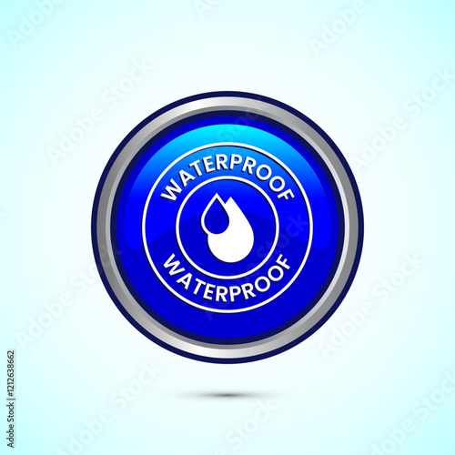 Waterproof icon design illustration, water resistant signs, liquid proof protection. Blue color round button design