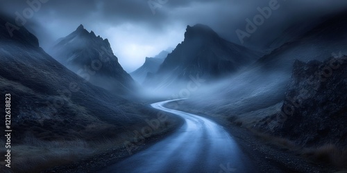 Winding road leading into misty mountains at twilight photo