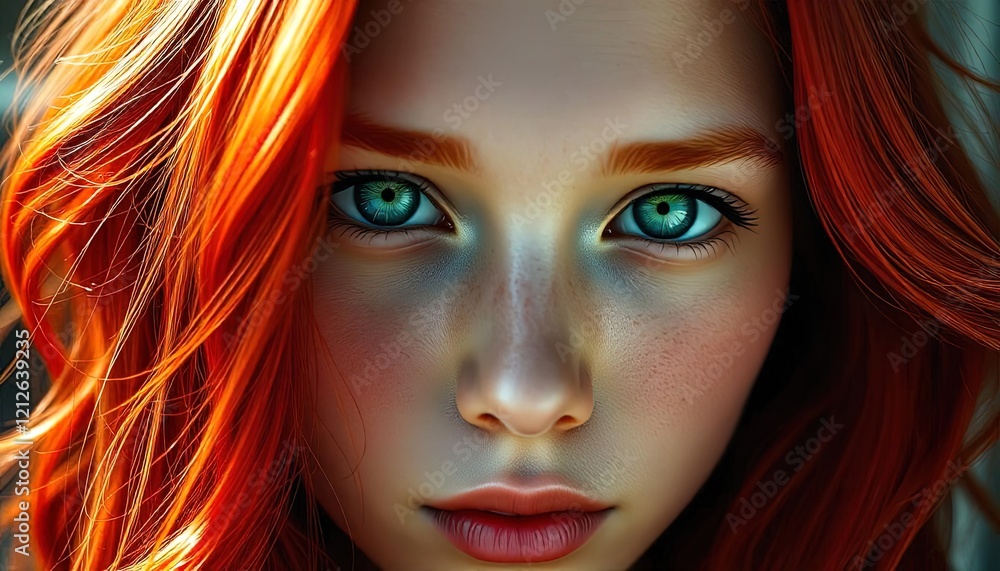 Obraz premium Redhead woman with vibrant green eyes captivating gaze