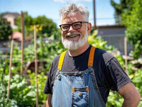 Happy Gardener: A portrait of a mature man with a heartwarming smile, enjoying his work in his garden.  His kind eyes shine with pride, showcasing the joy of cultivating fresh produce. photo