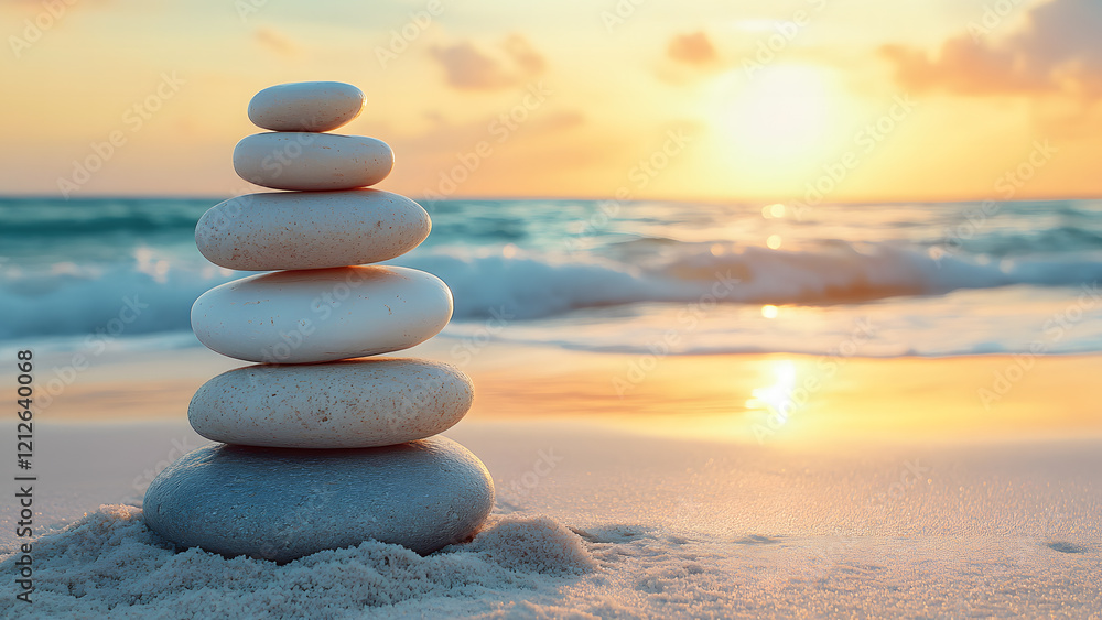 Portray tranquility and balance with a serene image of a balanced stack of rocks on a peaceful beach at sunset natures calming beauty shines Portray tranquility and balance with a serene image of a balanced stack of rocks on a peaceful beach at sunset natures calming beauty shines