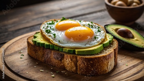 A delicious open-faced sandwich topped with avocado, eggs, and herbs on rustic bread. photo