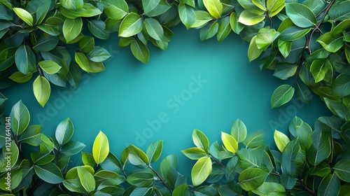 Green leaves forming a natural frame on a vibrant background photo