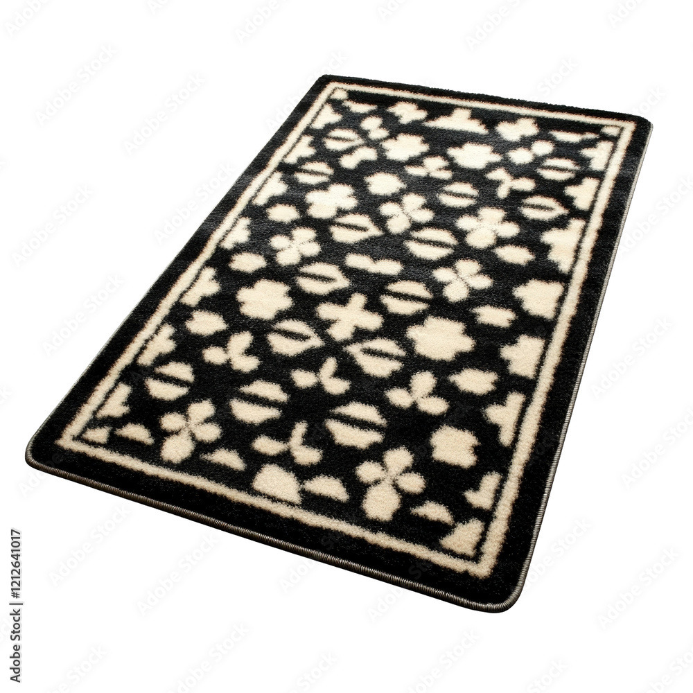 Black and white patterned rug on wooden floor in modern interior design setting isolated on transparent background. Black and white patterned rug on wooden floor in modern interior design setting isolated on transparent background.