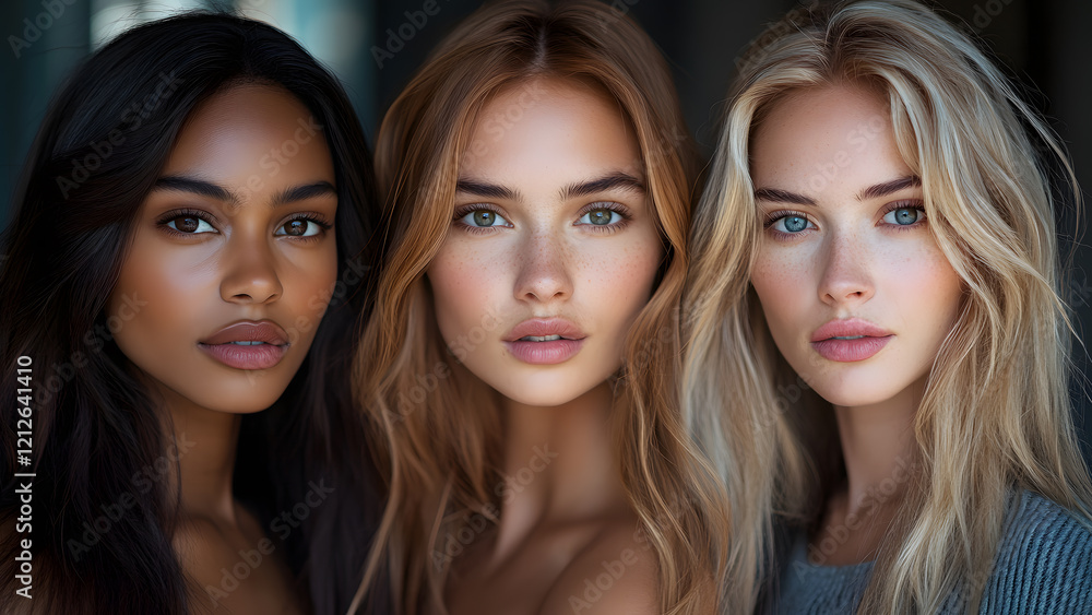 Capture professional portraits that convey an essence of beauty with three women featuring long hair and blue eyes in a stunning setting Capture professional portraits that convey an essence of beauty with three women featuring long hair and blue eyes in a stunning setting