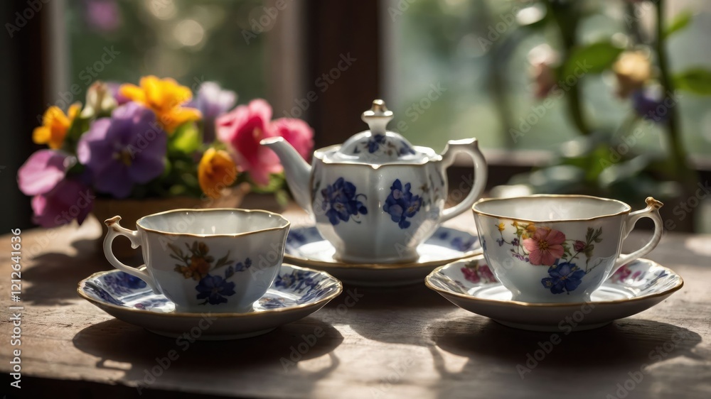 A delicate tea set with floral designs, accompanied by a vibrant bouquet of flowers. A delicate tea set with floral designs, accompanied by a vibrant bouquet of flowers.