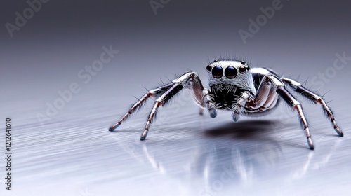 A metallic spider with long, sharp legs standing on a reflective surface photo