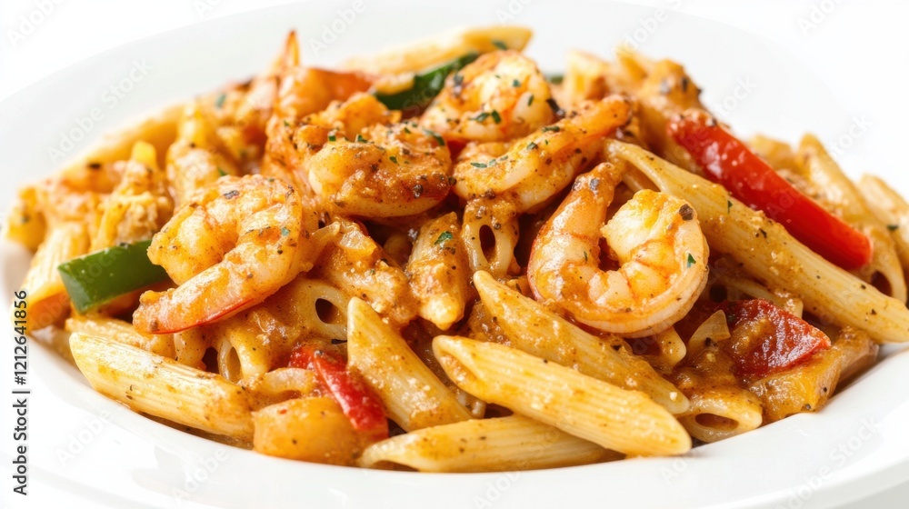 A plate of spicy Cajun shrimp pasta with penne, Cajun-spiced shrimp, bell peppers A plate of spicy Cajun shrimp pasta with penne, Cajun-spiced shrimp, bell peppers