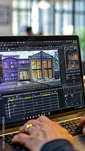 Laptop screen with 3D modeling software for interior design