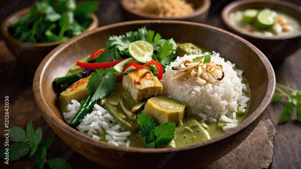 A vibrant bowl of green curry with rice, garnished with herbs and lime. A vibrant bowl of green curry with rice, garnished with herbs and lime.