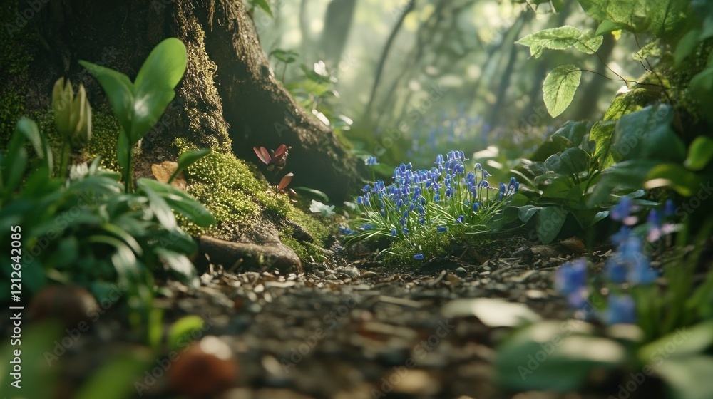 Blue Flowers Bloom Near Forest Tree Trunk Blue Flowers Bloom Near Forest Tree Trunk