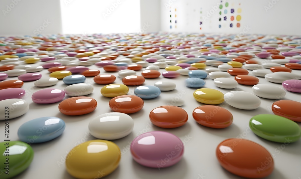Obraz premium Colorful candies scattered on floor, modern room, dots wall, advertising