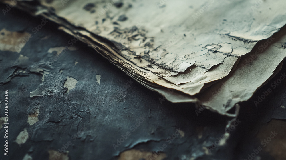 Obraz premium Worn and faded papers stacked on a rustic wooden surface showcasing textures and history