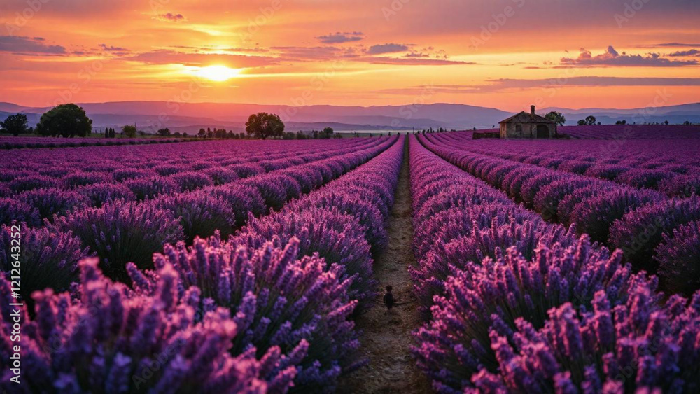 A field of lavender with a house in the background A field of lavender with a house in the background