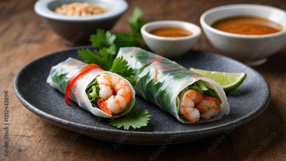 Fresh shrimp spring rolls served with dipping sauce and lime on a wooden table. Fresh shrimp spring rolls served with dipping sauce and lime on a wooden table.
