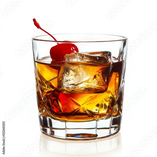 An elegant Old Fashioned with whiskey and cherry, displayed against an isolated white background, chiaroscuro art style photo