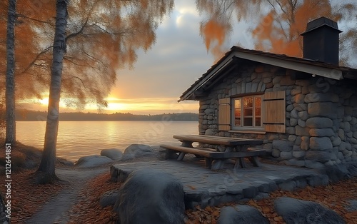 Stone cabin by autumn lake at sunset.