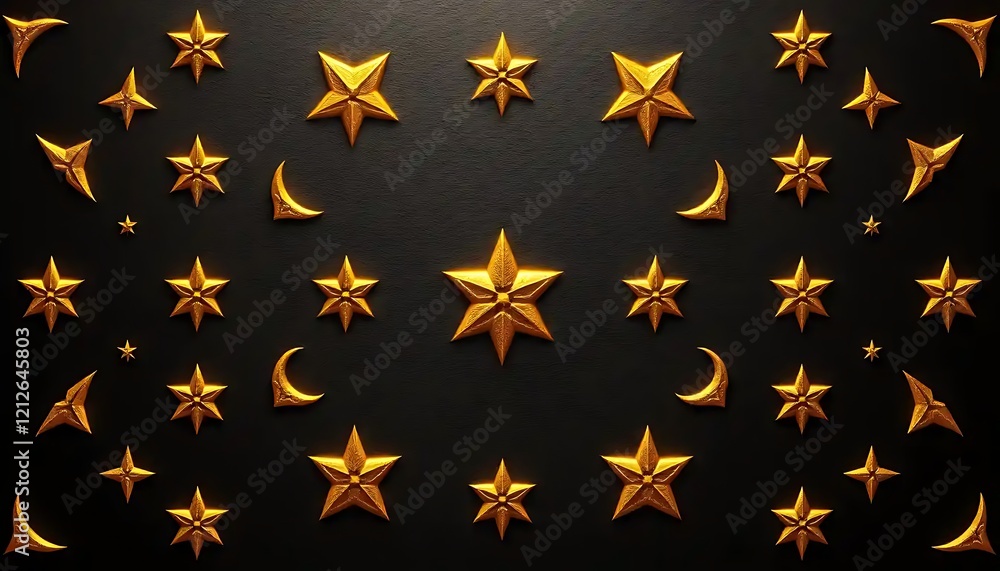 Golden Stars and Moons Arranged on Dark Background Golden Stars and Moons Arranged on Dark Background