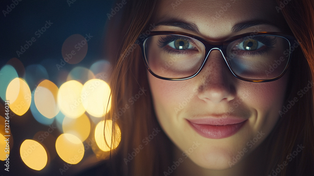 Close-up Portrait of Woman Wearing Glasses with Bokeh Background Close-up Portrait of Woman Wearing Glasses with Bokeh Background