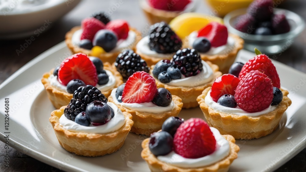 A plate of mini fruit tarts topped with berries and whipped cream. A plate of mini fruit tarts topped with berries and whipped cream.
