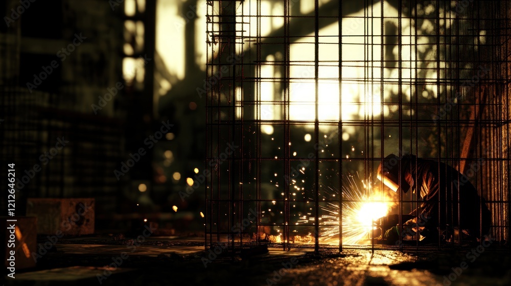 Welder working within a metal framework structure Welder working within a metal framework structure