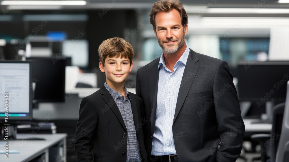 Father and Son in Matching Suits Office Setting Father and Son in Matching Suits Office Setting