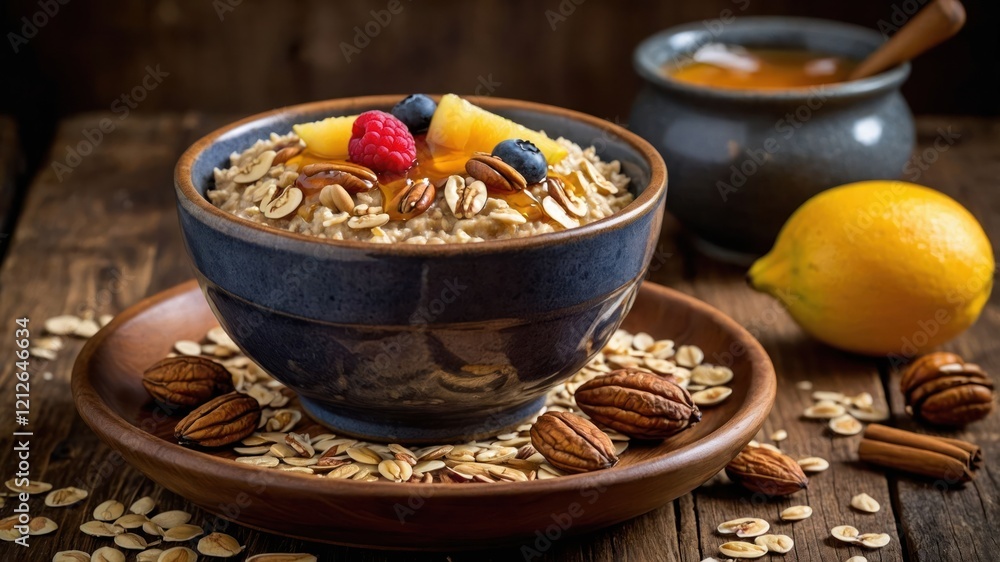 A bowl of oatmeal topped with fruits and nuts, served with honey and a lemon. A bowl of oatmeal topped with fruits and nuts, served with honey and a lemon.