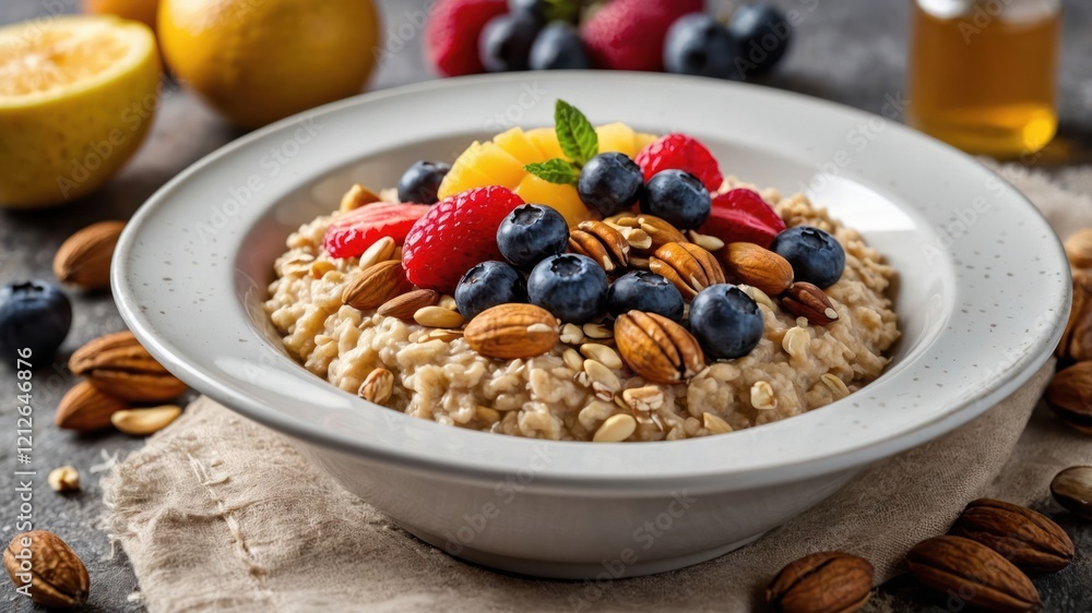 A bowl of oatmeal topped with fruits and nuts, showcasing a healthy breakfast option. A bowl of oatmeal topped with fruits and nuts, showcasing a healthy breakfast option.
