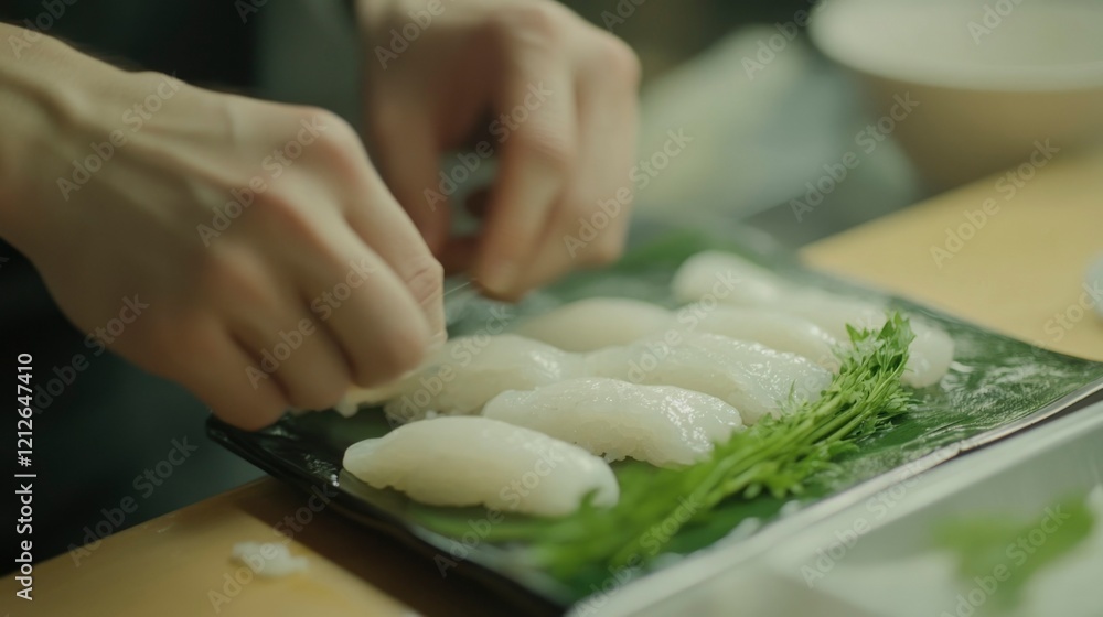 Hands Preparing White Fish Sushi Garnishing With Greens Hands Preparing White Fish Sushi Garnishing With Greens