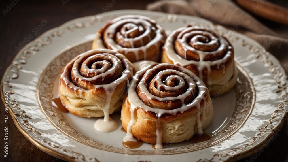 A plate of freshly baked cinnamon rolls drizzled with icing, perfect for dessert or breakfast. A plate of freshly baked cinnamon rolls drizzled with icing, perfect for dessert or breakfast.