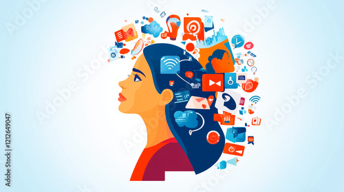 A woman's profile filled with digital icons, representing the influence of technology, social media, and online information on the modern mind.