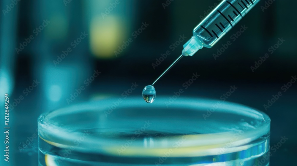 Syringe dispensing a droplet into a petri dish Syringe dispensing a droplet into a petri dish